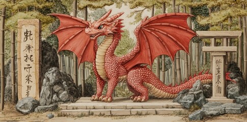 Obraz premium A Red Dragon Standing Guard Near Traditional Stone Structures