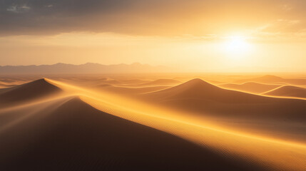 A peaceful desert expanse, where golden light filters through the dust, illuminating the graceful curves of towering dunes