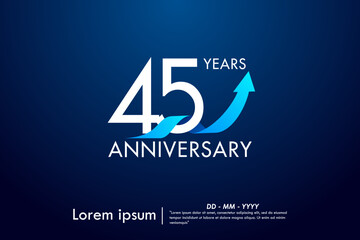 45th years anniversary celebration emblem. anniversary logo isolated with arrow growth up and blue ribbon on dark blue background. vector illustration template design for web, flyers, poster, greeting