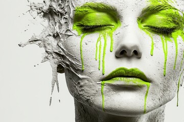 A female face covered with concrete and neon green paint