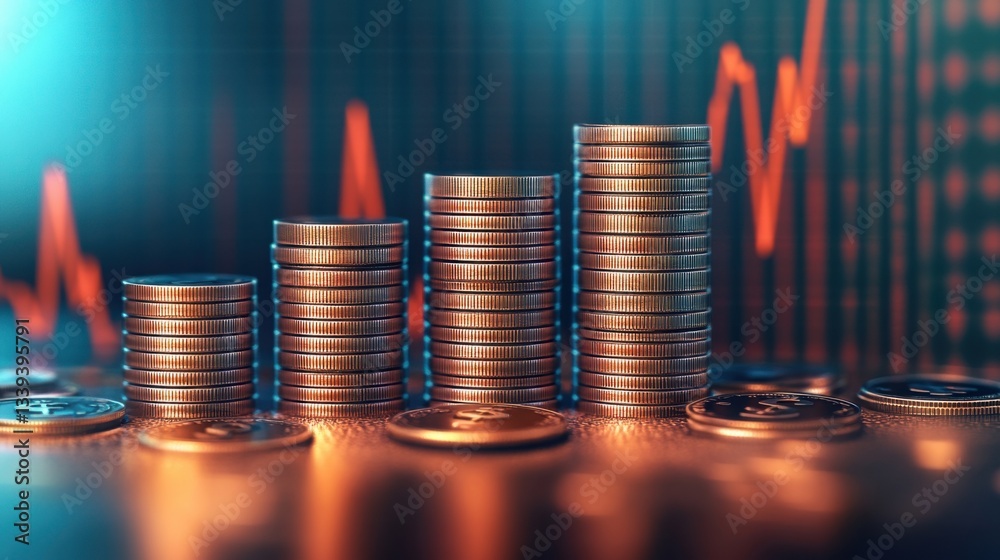 Poster Stack of Coins Arranged in Descending Order with Vibrant Background