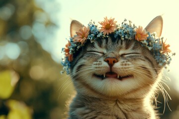 Cute baby cat selkirk rex wearing primal flower circlet on its head. Morning rays. Summertime happiness. Petâ€™s bright and happy vacation. Happy cat in a scenic meadow. Beautiful cat in bloom.