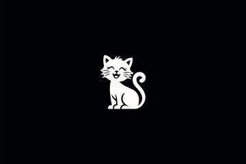 A minimalist representation of a cat. The cat is depicted in white against a black background. It is sitting upright with its tail curled around its body. 