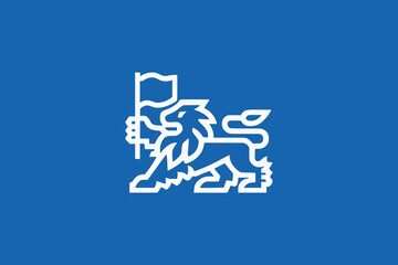 A blue background with a white lion holding a flag. The lion appears to be in a standing position, with its left paw raised, holding the flagpole.