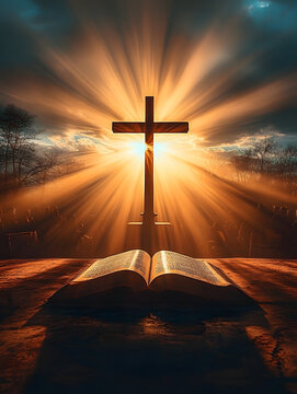 Bright sunlight, bible and holy jesus christ cross silhouette