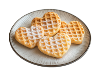 Heart shaped waffles sprinkled with icing sugar on a plate