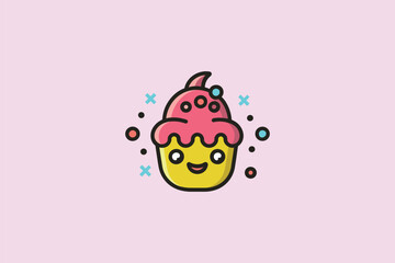 Adorable vector of a smiling cupcake with pink frosting and sprinkles on a light pink background. Perfect for bakery logos, dessert branding, or fun designs.