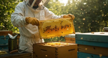 Beekeeper Inspecting Honeycomb Frame with Honey Dripping in Apiary