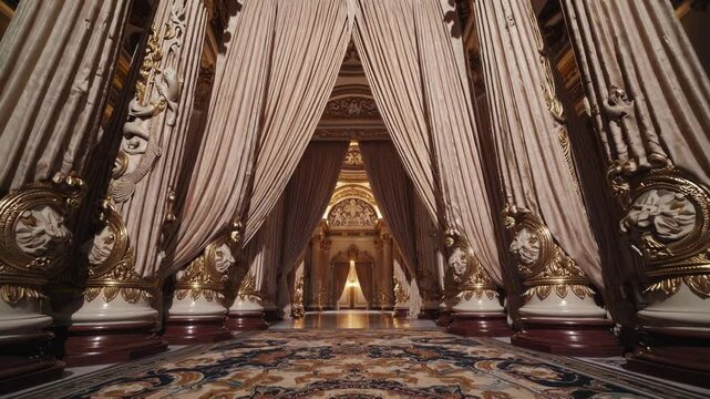 Opulent curtains frame a breathtaking view of a palace interior, revealing intricate golden details, ornate pillars, and a mesmerizing play of light and shadow