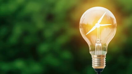 A glowing energyefficient LED bulb with a wind turbine inside, smart green power