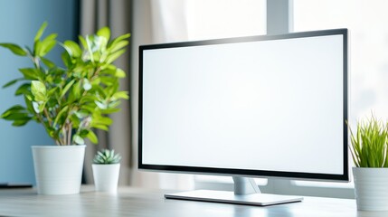 Fototapeta premium Modern workspace setup with computer monitor and vibrant green plant modern