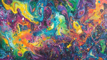 This artwork features a dynamic array of swirling colors including vibrant shades of blue, purple, and orange. It evokes a sense of cosmic exploration with its fluid patterns and energetic splashes