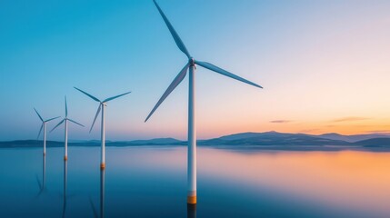 Obraz premium Wind turbine reflections in a still lake, nature meets technology
