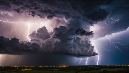 Dramatic Lightning Storm Strikes Over a Field at Night with Intense Cloudscape