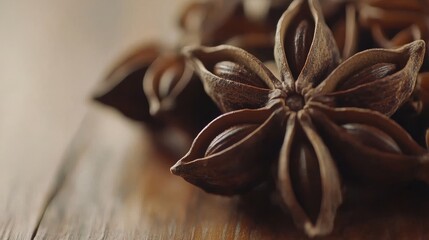 Star Anise Spice Close-Up on Rustic Wooden Table Surface