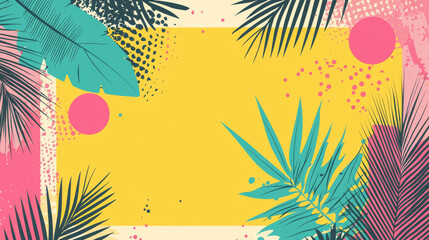 Fototapeta premium Tropical summer background with vibrant palm leaves, abstract shapes, and a bright yellow space for text. Concept of exotic vacation, retro pop art, beach party, warm tropical vibes. Copy space
