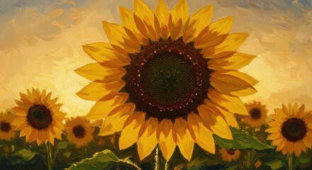 Obraz premium Sunflower Field Painting with Warm Golden Light and Textured Brushstrokes