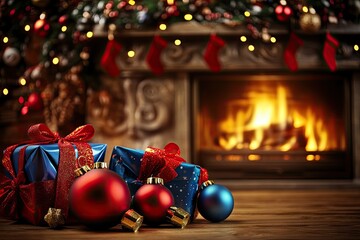 Christmas gifts by fireplace, festive decorations, cozy holiday scene; greeting card