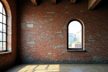 Fototapeta premium Weathered brick wall, arched window, old factory , rusty, window frame, cracked
