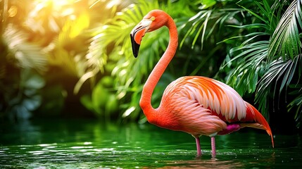 Obraz premium Elegant flamingo wading gracefully in a serene jungle lagoon surrounded by lush greenery and tranquil waters