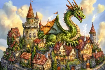 Fototapeta premium A green dragon towers over a village of cozy dwellings