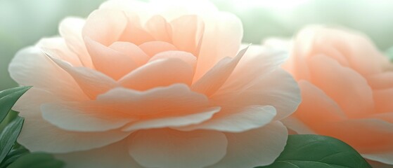 Fototapeta premium Soft peach camellia blossom unfolds in gentle light a delicate floral portrait showcasing nature's elegance and tranquility with a serene background