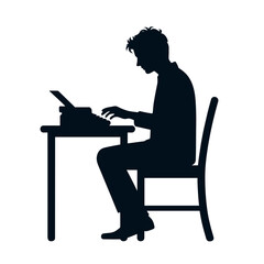 Silhouette Man Typing at Desk Against White Background