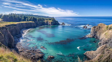 Obraz premium A panoramic view of a crystal-clear ocean meeting dramatic coastal cliffs, with whitecaps rolling toward the rugged shoreline