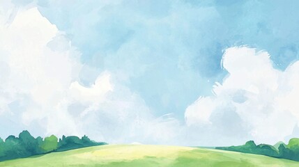 Obraz premium A bright blue sky dominates the view, scattered with soft white clouds. Below, a vibrant green landscape stretches across the horizon, creating a serene outdoor scene