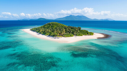 A breathtaking remote island with tall palm trees swaying gently over pristine white sandy beaches, surrounded by crystal-clear turquoise waters