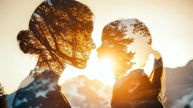 Double exposure of a mother and daughter facing each other with nature overlay.