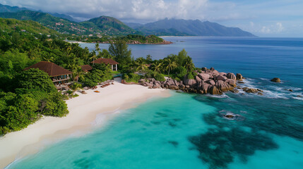 A tranquil island escape with soft, powdery sand, towering palms, and the soothing sound of waves rolling onto the shore