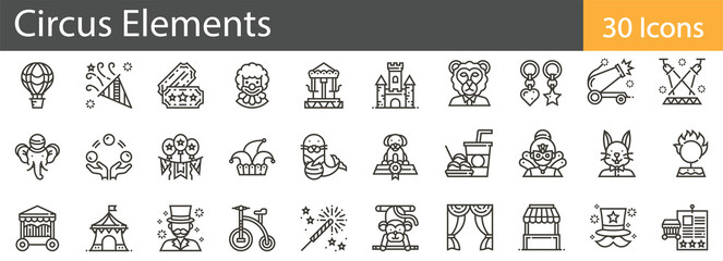 Circus Elements Line Icons Set. Collection of 30 outline icons representing circus performers, equipment, and attractions. Editable stroke vector illustration. © Icon Fusion 