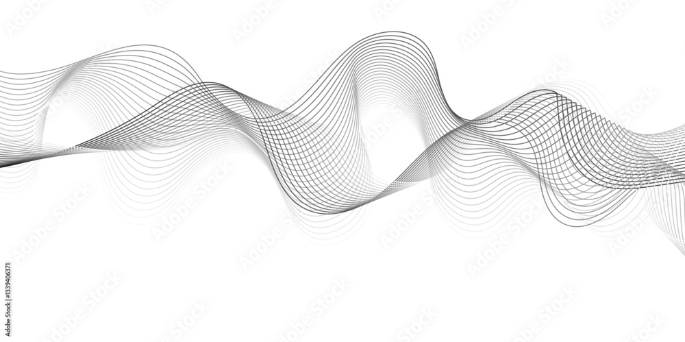 Poster Abstract grey, white smooth element swoosh speed wave modern stream background. Wave with lines created using blend tool. Abstract frequency sound wave lines and twisted curve lines background.	