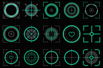 Neon sniper crosshair glows intensely, illuminating futuristic aim visuals. Archery target rings contrast boldly, optimizing accurate sports shooting. Bright bullseye marker enhances tracking © Максим Славов