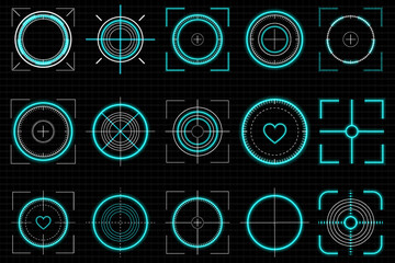 Neon sniper crosshair glows intensely, illuminating futuristic aim visuals. Archery target rings contrast boldly, optimizing accurate sports shooting. Bright bullseye marker enhances tracking © Максим Славов