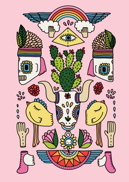 Stylized Skull with Flower Decoration Illustration