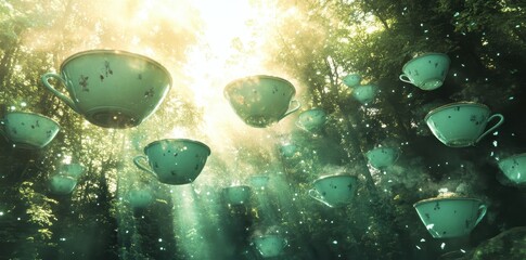 Many floating teacups are suspended in a sunlit forest scene