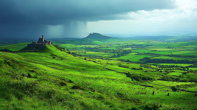 Dramatic landscape with ancient castle under stormy sky.