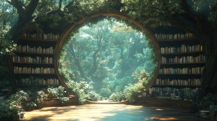 Circular library in magical forest with sunlit woods view