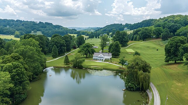 Scenic aerial view of a lush green golf course with a pond and modern clubhouse nestled in rolling hills under a cloudy sky.