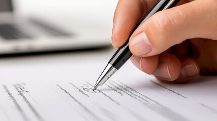 Close-up of businessman signing document with pen in office setting. concept of professional agreement, financial services, contractual obligations