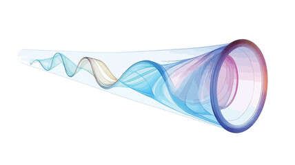 The image presents an abstract illustration of a conical shape with a circular opening at its wider end.  A swirling, wave-like form, exhibiting a pastel color gradient transitioning from cool