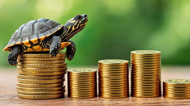 A turtle sitting on a pile of money, symbolizing stable long-term investment or compound investing that requires time for growth. Investing in fundamentally strong stocks to generate long-term returns