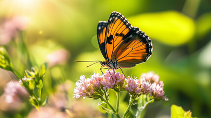 Fototapeta premium A small orange and black butterfly resting on a wildflower, its wings partially open as it enjoys the warmth of the sun