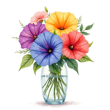 multi-colored bouquets of flowers in a glass vase isolated on white, watercolor painting art