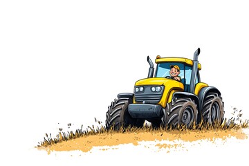 Happy farmer driving tractor in field; harvesting; rural scene; agriculture illustration