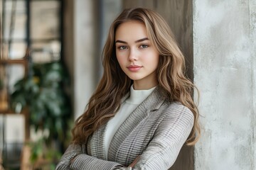 Fototapeta premium Confident young woman with long wavy hair in a stylish plaid blazer standing against a modern concrete wall with arms crossed, looking directly at the camera