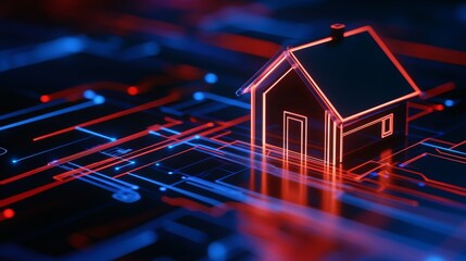 A futuristic digital home model illuminated in red and blue lines on a circuit board background