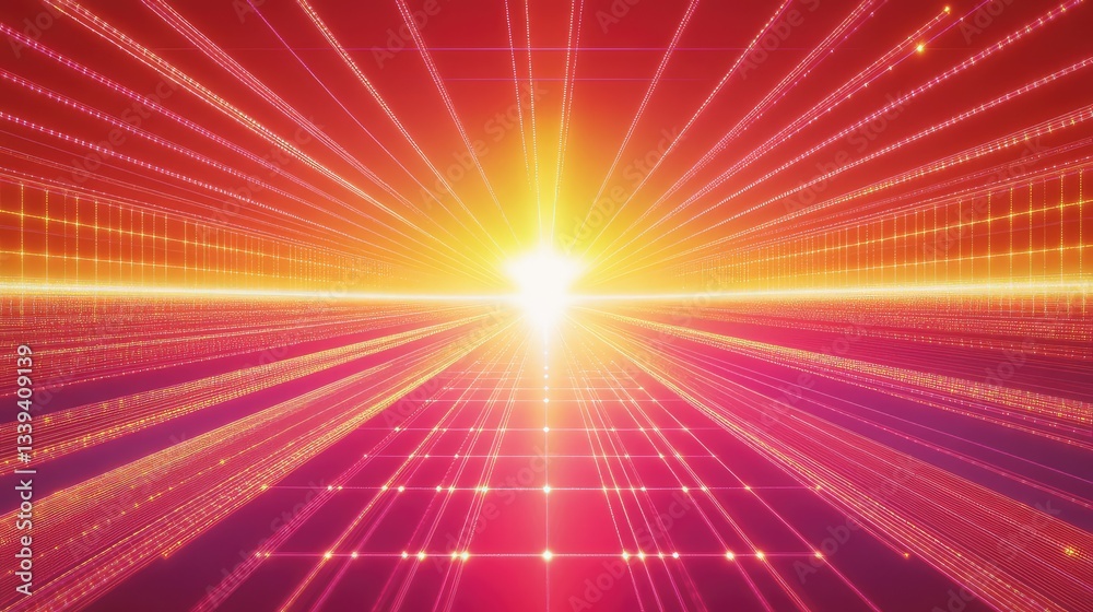 Poster abstract technology grid with light beams and glowing data points forming a digital network. plenty 